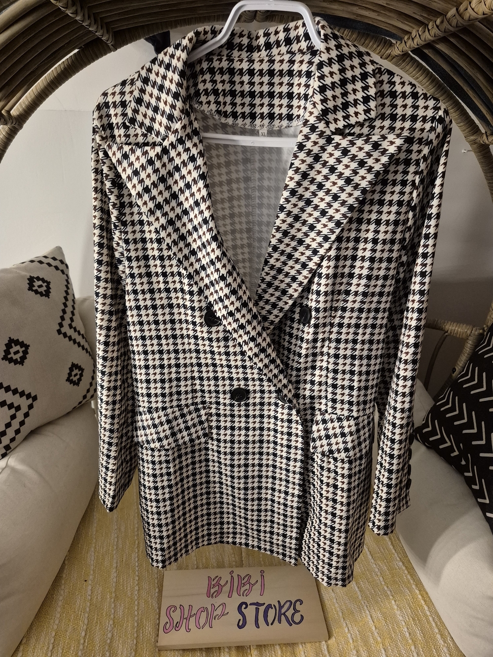 Double-Breasted Houndstooth Blazer Jacket - Black, Brown & Cream